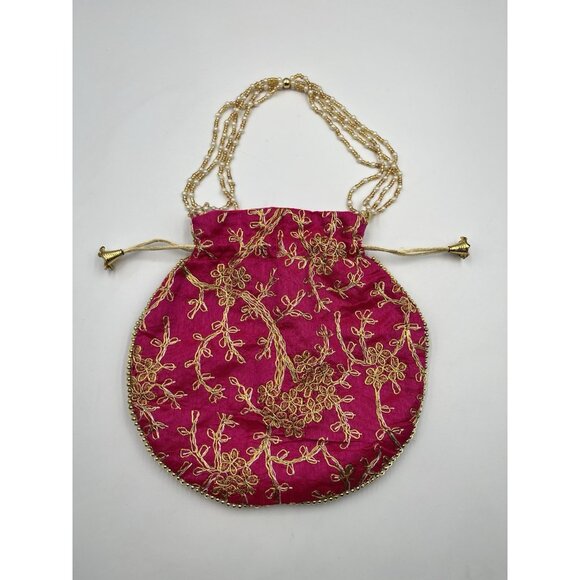PINK Gold Clutch Silk Bag Boho Formal/POTLI /Purse Applique Beaded SEE ALL - Picture 4 of 16